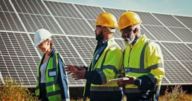 Drei Ingenieure überwachen Solarpanels auf Solarstrom-Farm