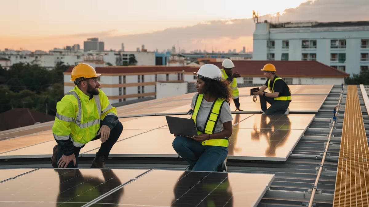 Fachkräfte inspizieren Solarmodule auf Hausdach