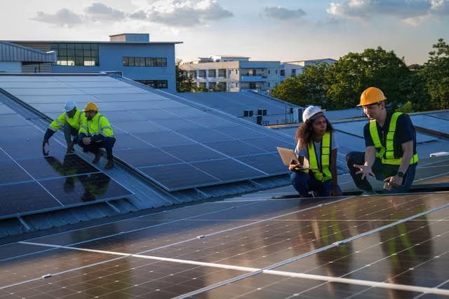 Techniker inspiziert Photovoltaik-Modul auf Dachanlage
