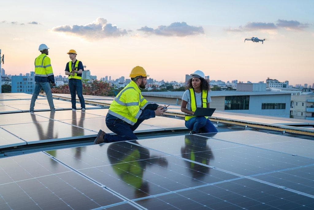 Ingenieur richtet Solarpanels für Solarstrom auf dem Dach ein