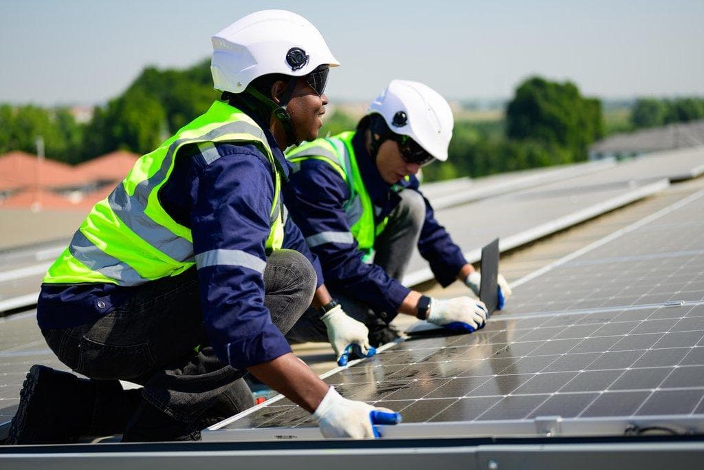 Techniker mit Schutzhelm bei Installation von Solarpanels