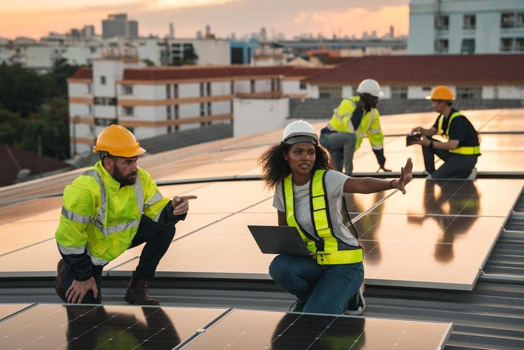 Ingenieur kontrolliert Solarzelle zur Wartung auf Dach